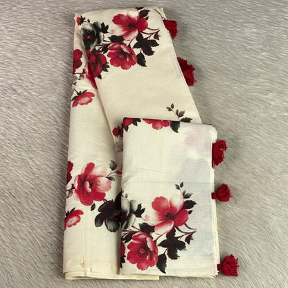 Nirmalyam Semi Linen Cotton Saree with Red Floral Print