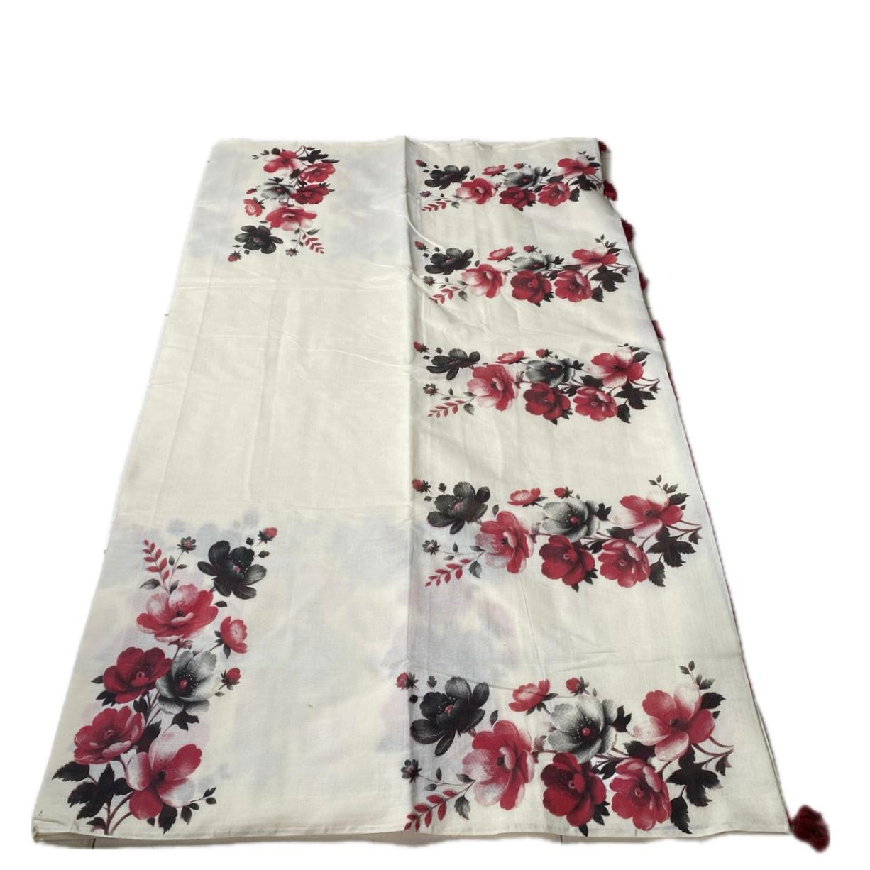 Nirmalyam Semi Linen Cotton Saree with Red Floral Print