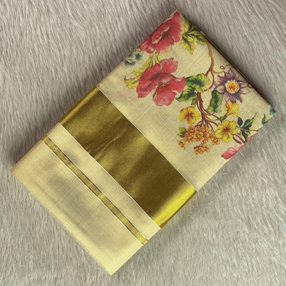Garden Floral Print Tissue Kerala Saree with Gold Zari Border