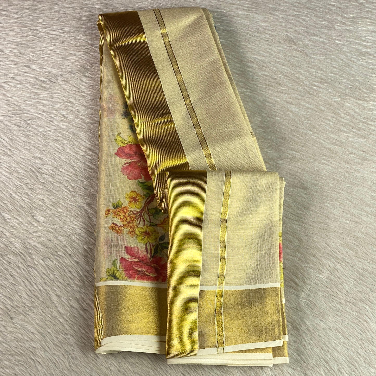 Garden Floral Print Tissue Kerala Saree with Gold Zari Border