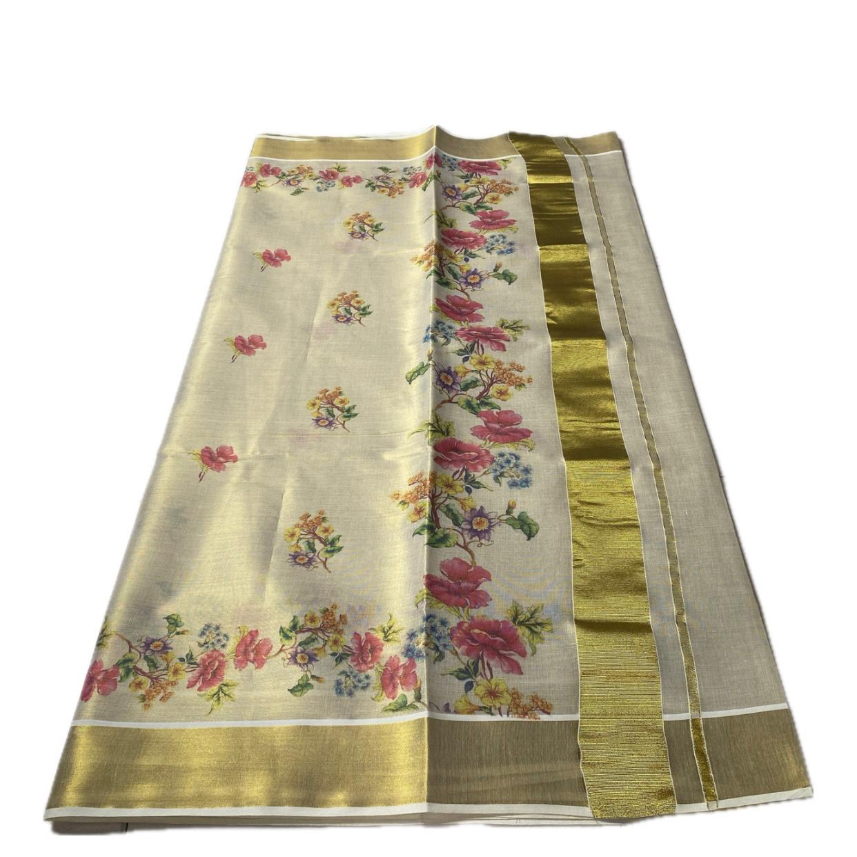 Garden Floral Print Tissue Kerala Saree with Gold Zari Border