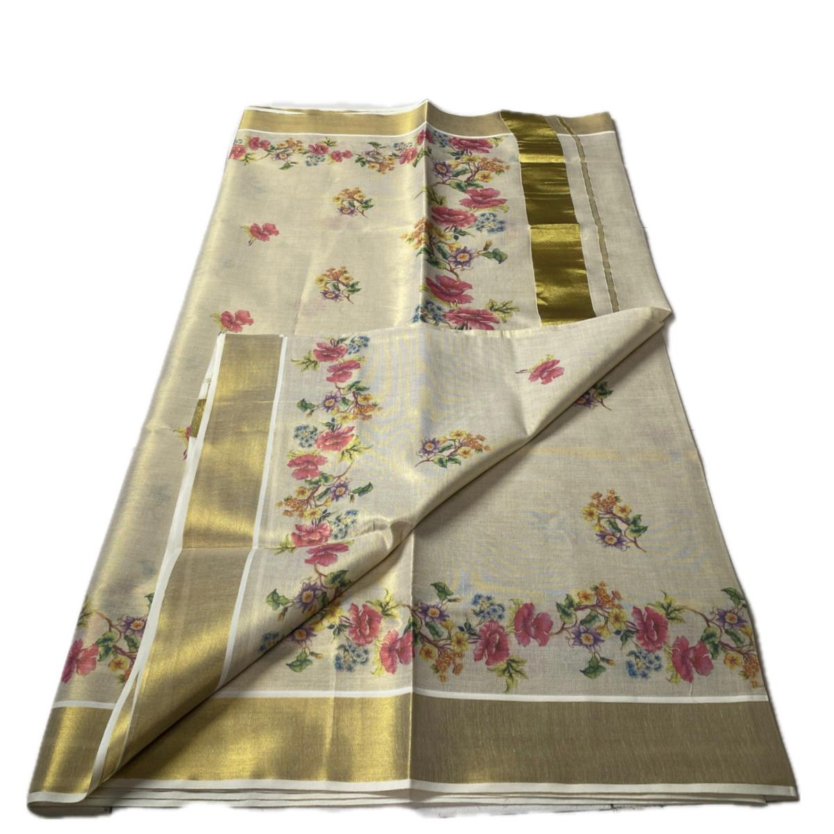 Garden Floral Print Tissue Kerala Saree with Gold Zari Border
