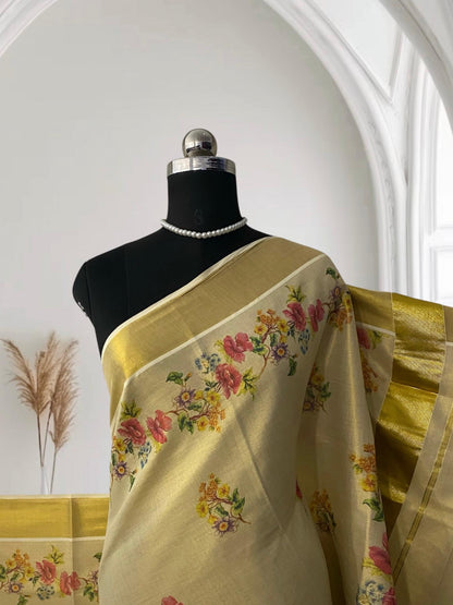 Garden Floral Print Tissue Kerala Saree with Gold Zari Border
