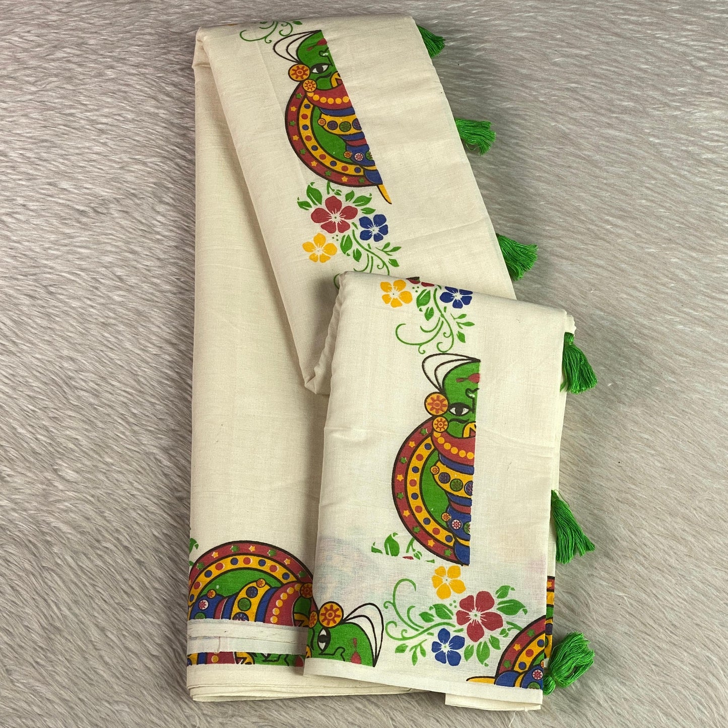 Kerala Cotton Kasavu Saree with Kathakali Mural Art Print
