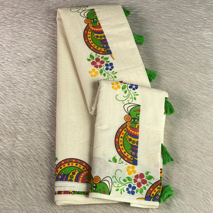 Kerala Cotton Kasavu Saree with Kathakali Mural Art Print