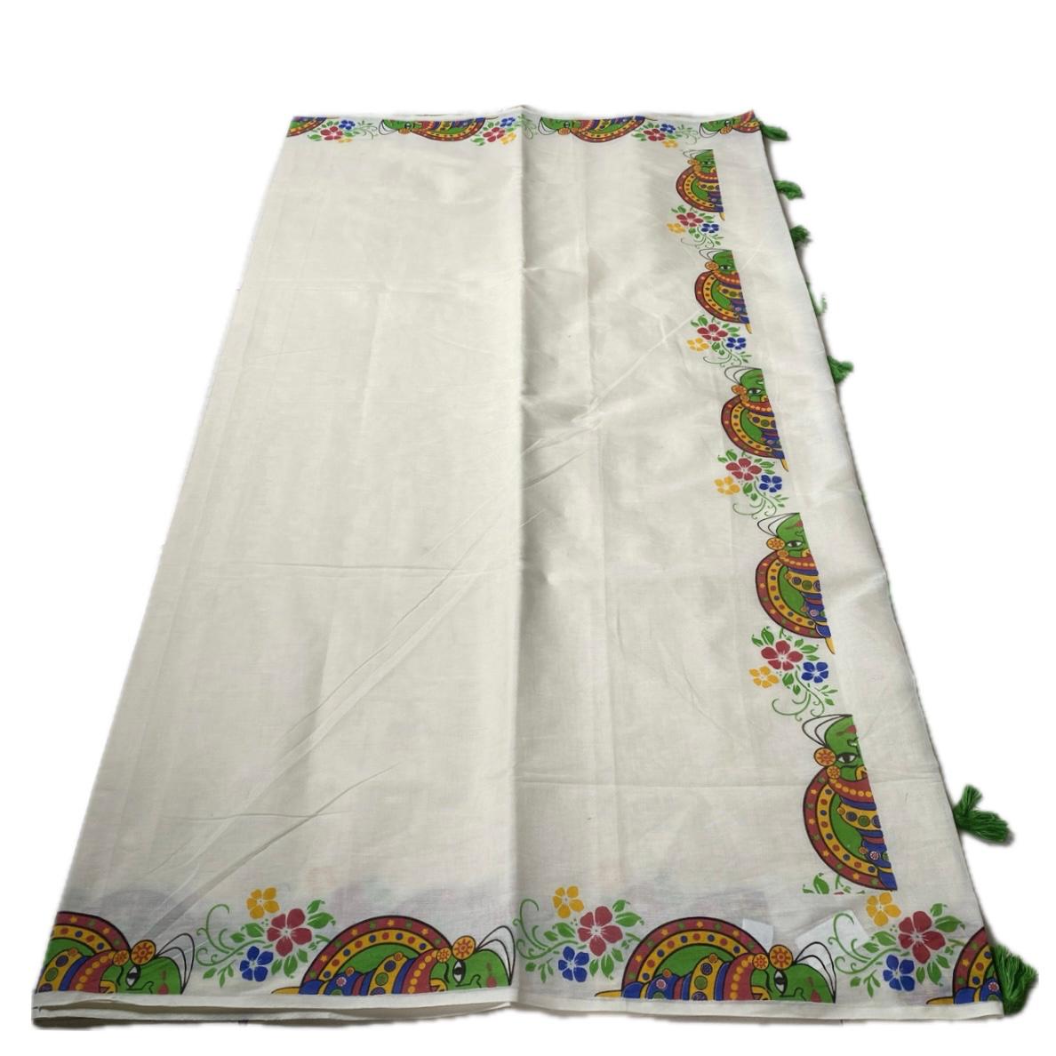 Kerala Cotton Kasavu Saree with Kathakali Mural Art Print