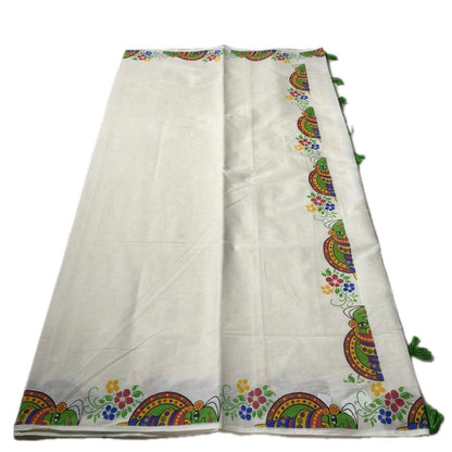Kerala Cotton Kasavu Saree with Kathakali Mural Art Print