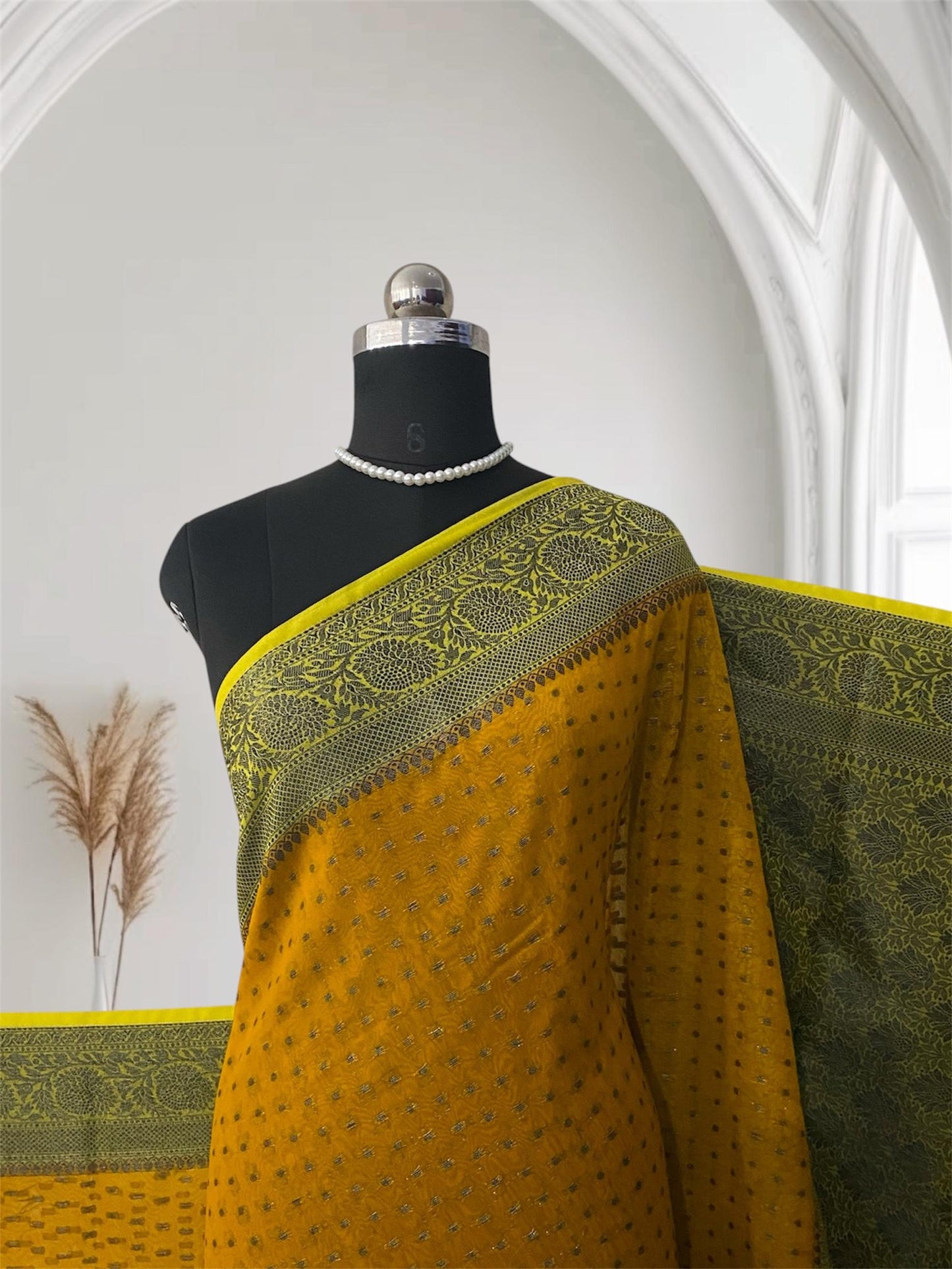Pure Georgette Banarasi Saree in Mustard Yellow