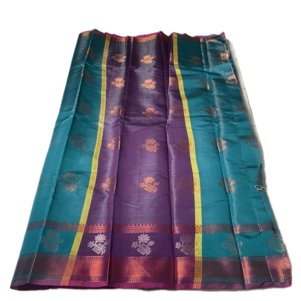 Swetha  Kanjivaram Style Blue Silk Saree with Metallic Contrast Pallu