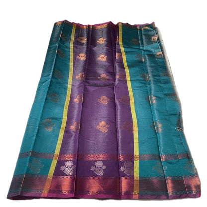 Swetha  Kanjivaram Style Blue Silk Saree with Metallic Contrast Pallu