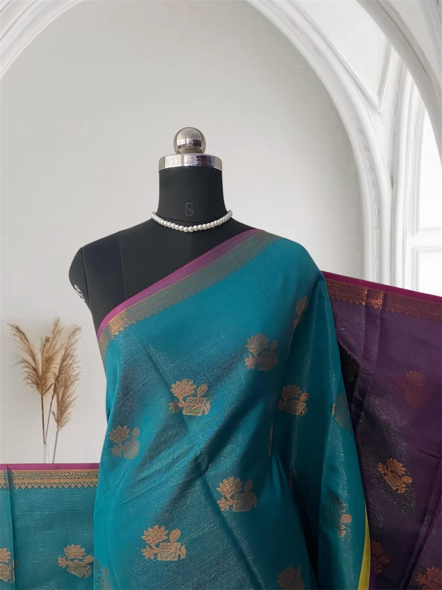 Swetha  Kanjivaram Style Blue Silk Saree with Metallic Contrast Pallu