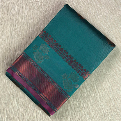 Swetha  Kanjivaram Style Blue Silk Saree with Metallic Contrast Pallu
