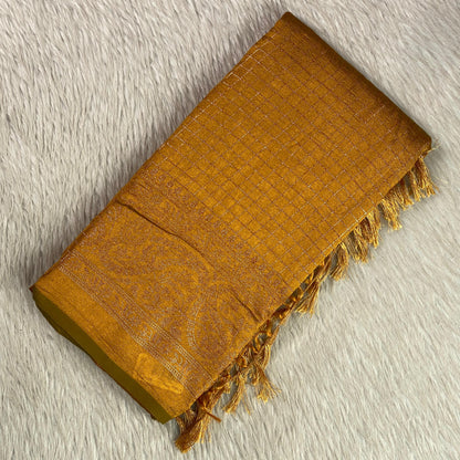 Kashmiri Silk Saree in Checks Mustard