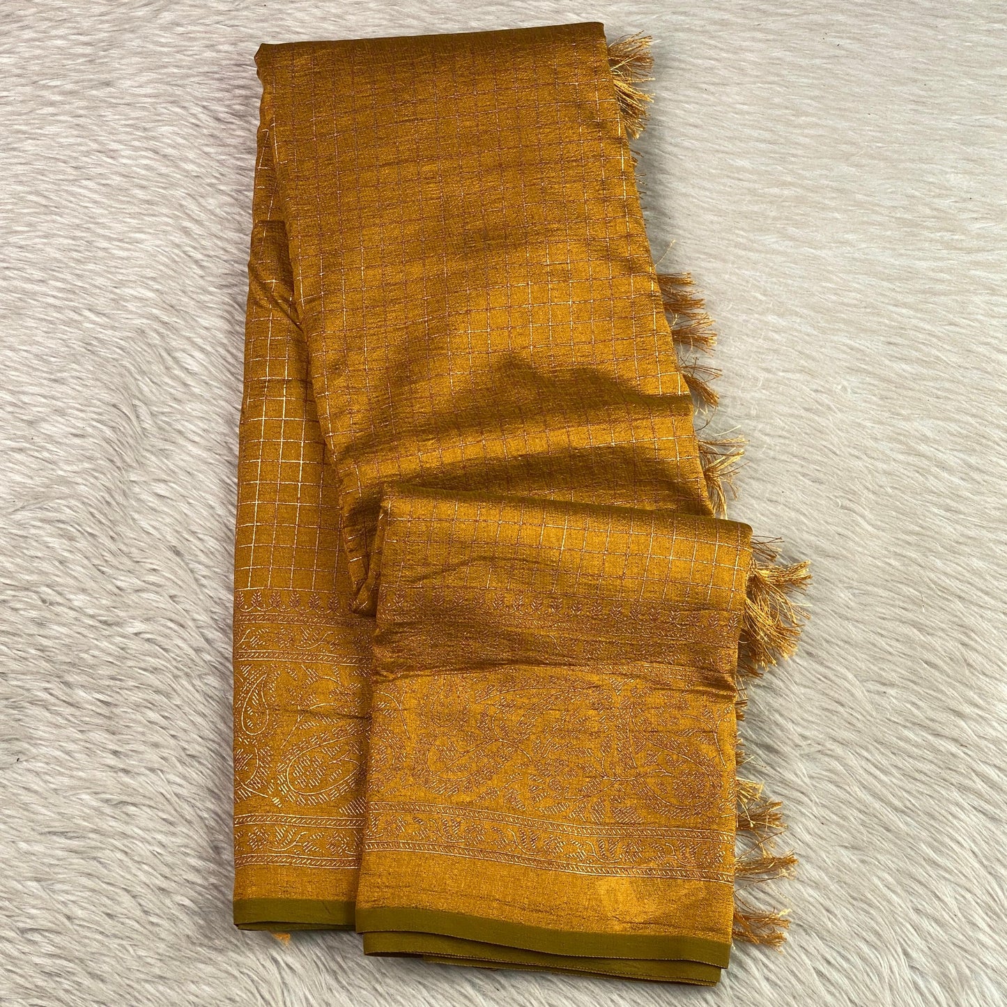 Kashmiri Silk Saree in Checks Mustard