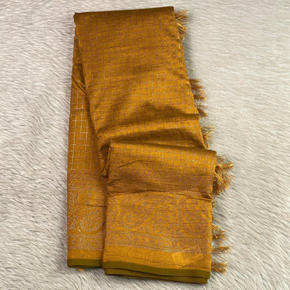 Kashmiri Silk Saree in Checks Mustard