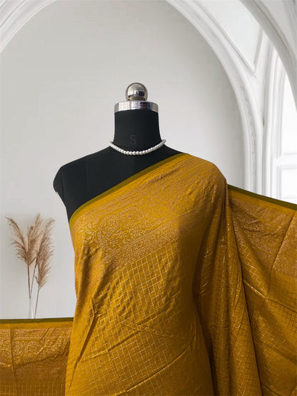 Kashmiri Silk Saree in Checks Mustard