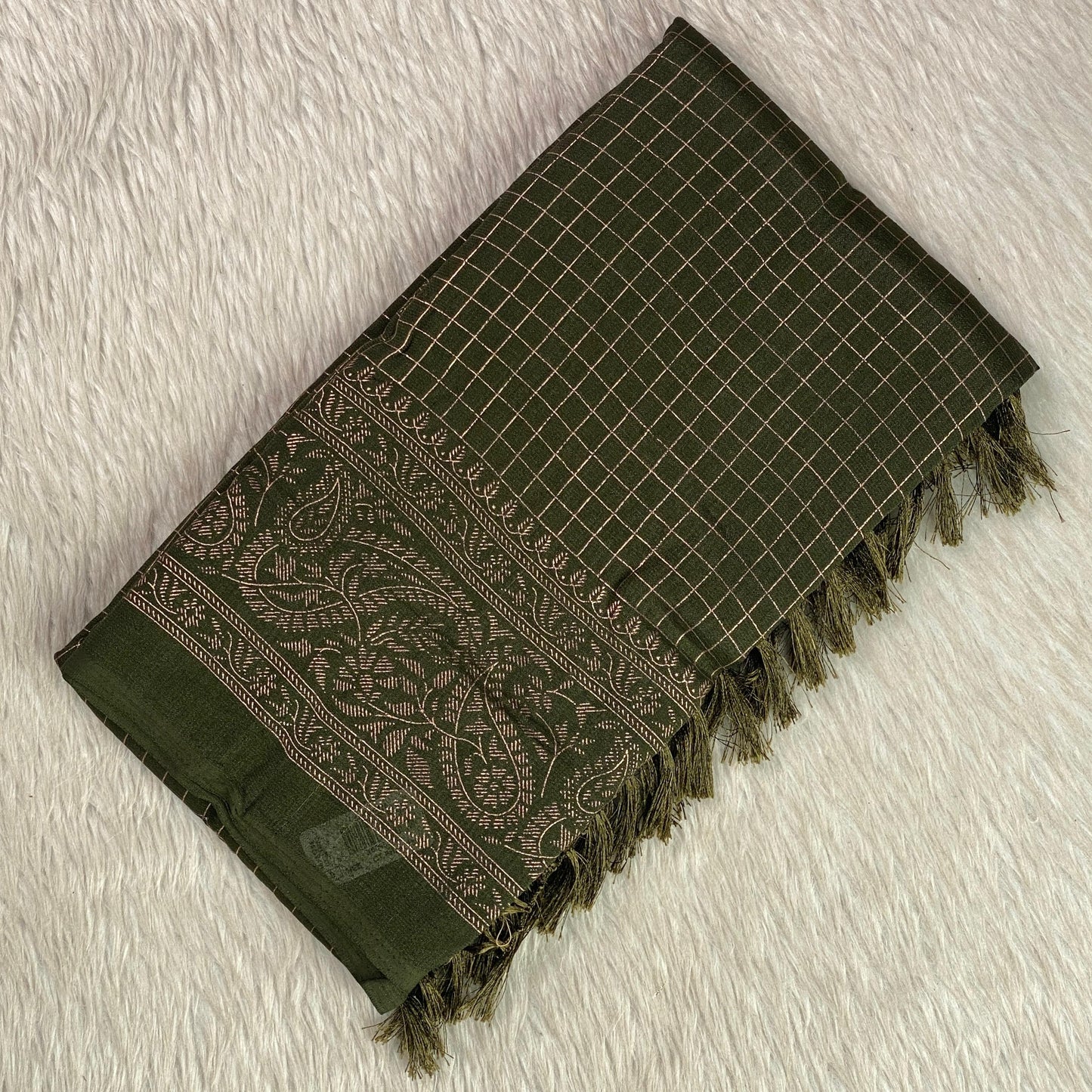 Kashmiri Silk Saree in Checks Green