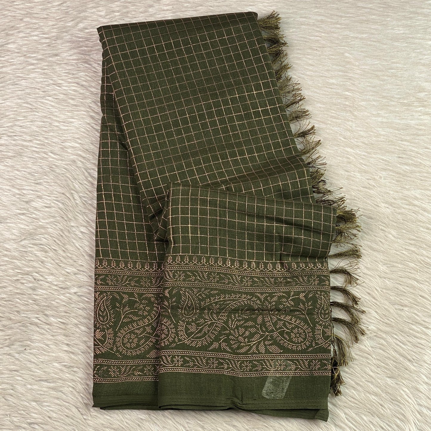 Kashmiri Silk Saree in Checks Green