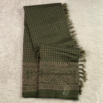 Kashmiri Silk Saree in Checks Green
