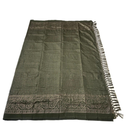 Kashmiri Silk Saree in Checks Green