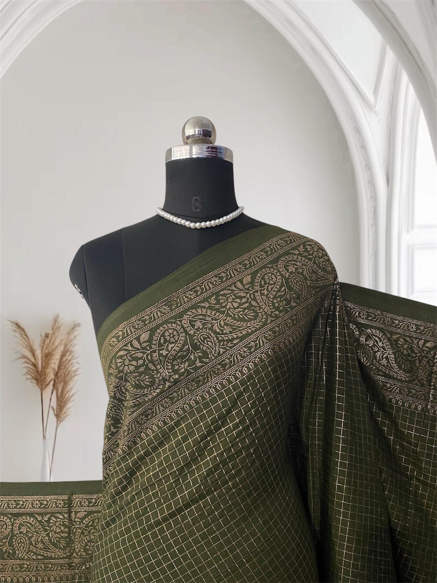 Kashmiri Silk Saree in Checks Green