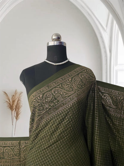Kashmiri Silk Saree in Checks Green