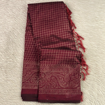 Kashmiri Silk Saree in Checks Brown