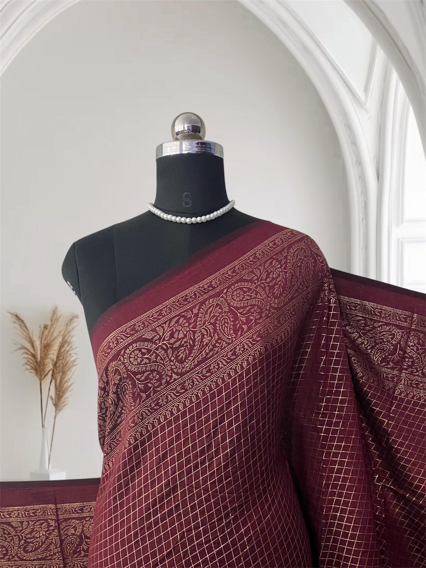 Kashmiri Silk Saree in Checks Brown