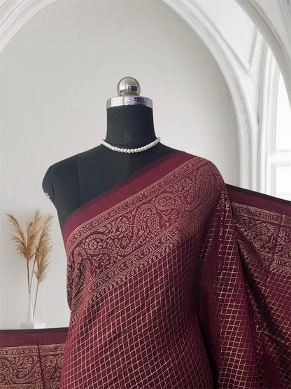 Kashmiri Silk Saree in Checks Brown