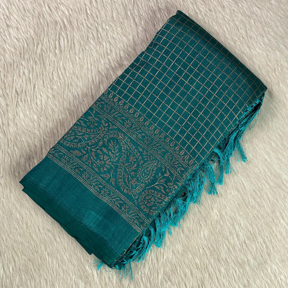 Kashmiri Silk Saree in Checks Blue
