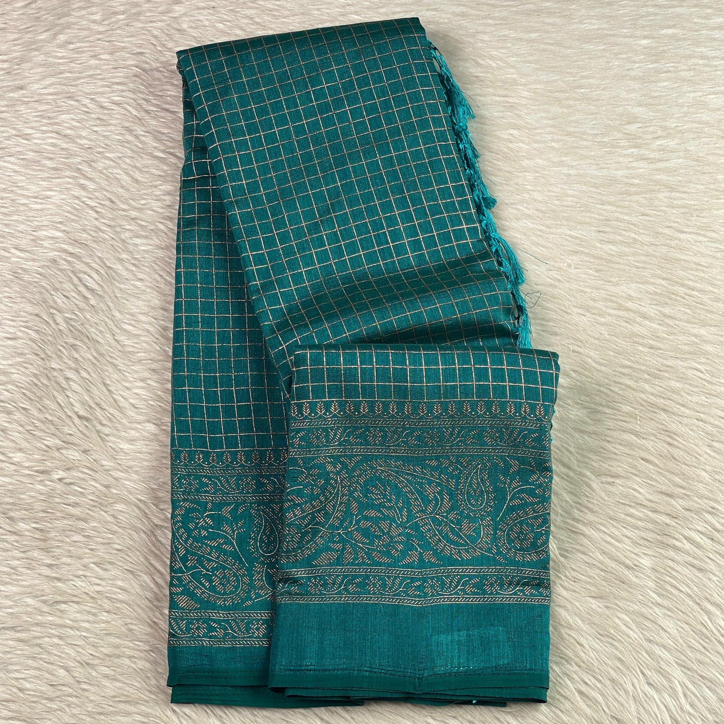 Kashmiri Silk Saree in Checks Blue