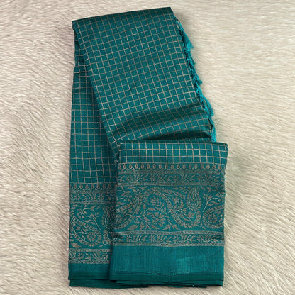Kashmiri Silk Saree in Checks Blue