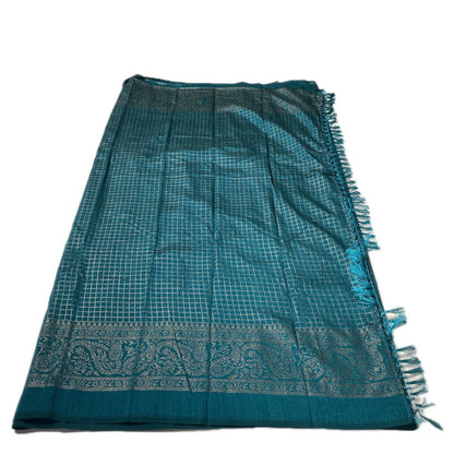 Kashmiri Silk Saree in Checks Blue