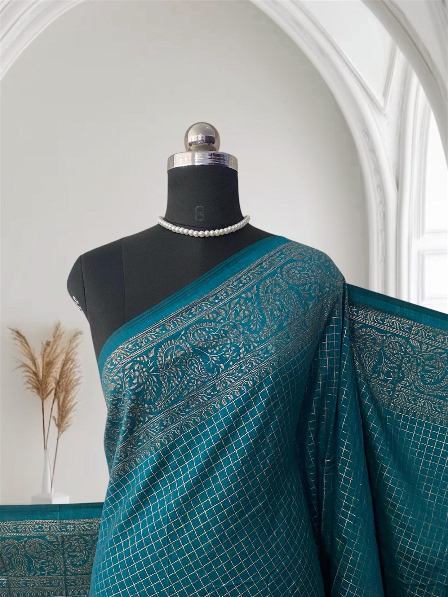 Kashmiri Silk Saree in Checks Blue
