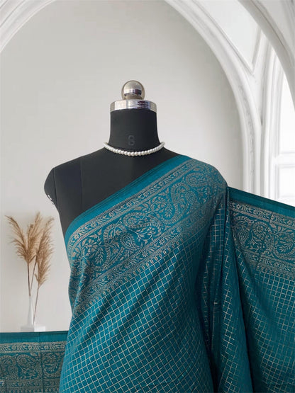 Kashmiri Silk Saree in Checks Blue