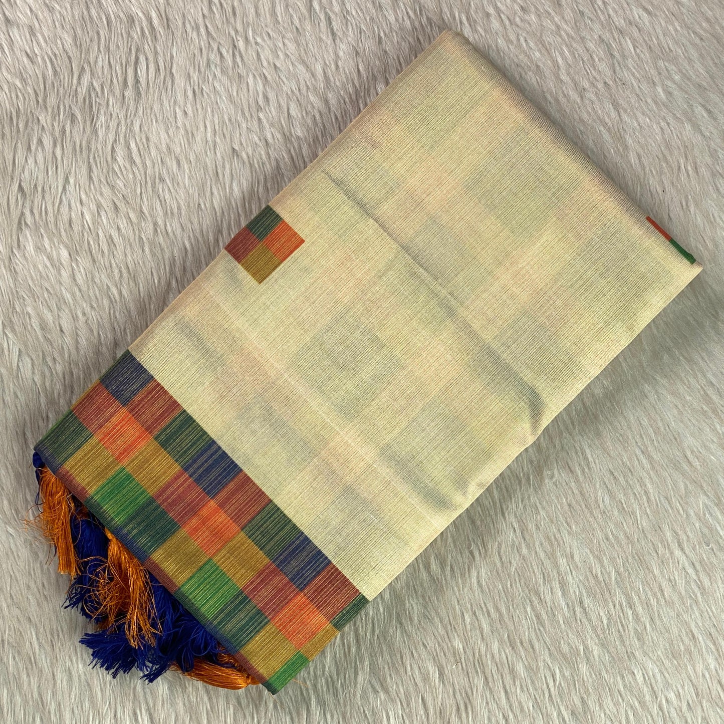 🤍Madras Checks Tissue Saree with Blue / Yellow Tassels 🌈✨