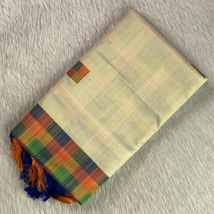 🤍Madras Checks Tissue Saree with Blue / Yellow Tassels 🌈✨