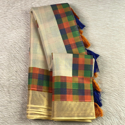 🤍Madras Checks Tissue Saree with Blue / Yellow Tassels 🌈✨