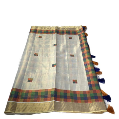 🤍Madras Checks Tissue Saree with Blue / Yellow Tassels 🌈✨