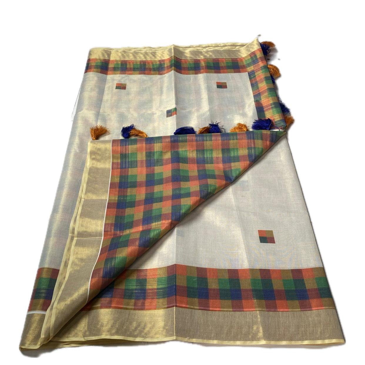 🤍Madras Checks Tissue Saree with Blue / Yellow Tassels 🌈✨