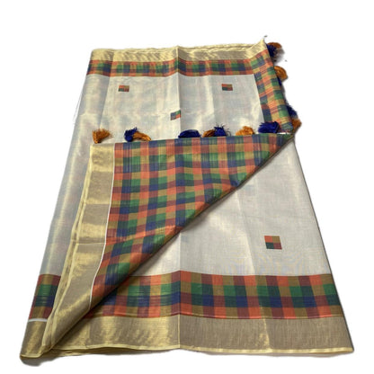 🤍Madras Checks Tissue Saree with Blue / Yellow Tassels 🌈✨
