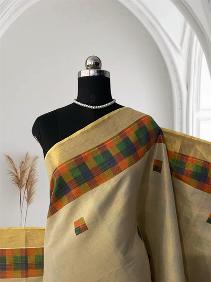 🤍Madras Checks Tissue Saree with Blue / Yellow Tassels 🌈✨