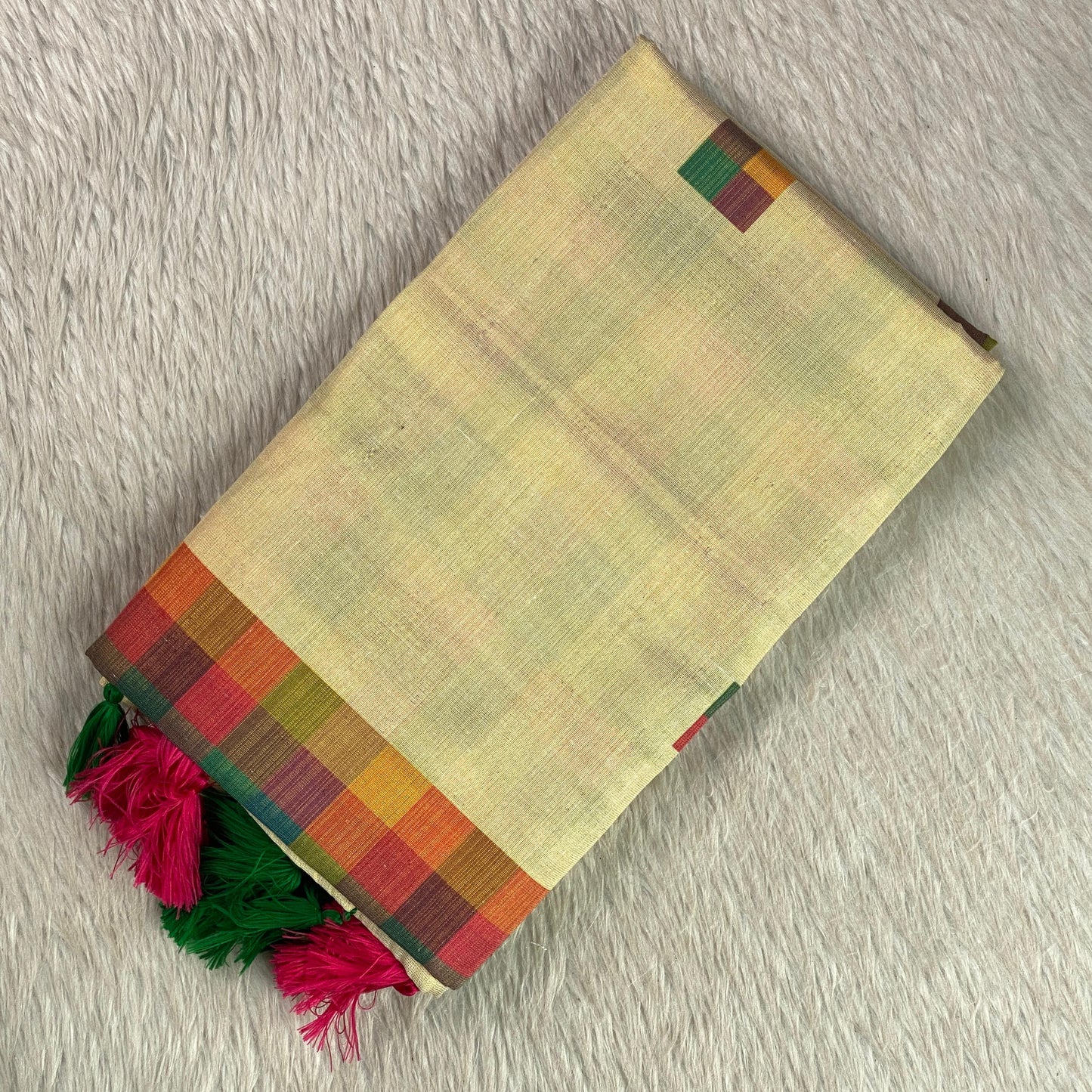 🤍Madras Checks Tissue Saree with Pink / Green Tassels 🌈✨