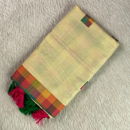 🤍Madras Checks Tissue Saree with Pink / Green Tassels 🌈✨