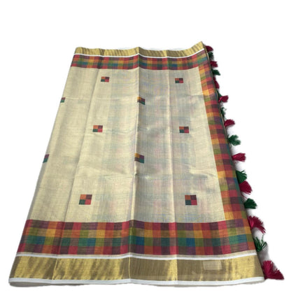 🤍Madras Checks Tissue Saree with Pink / Green Tassels 🌈✨