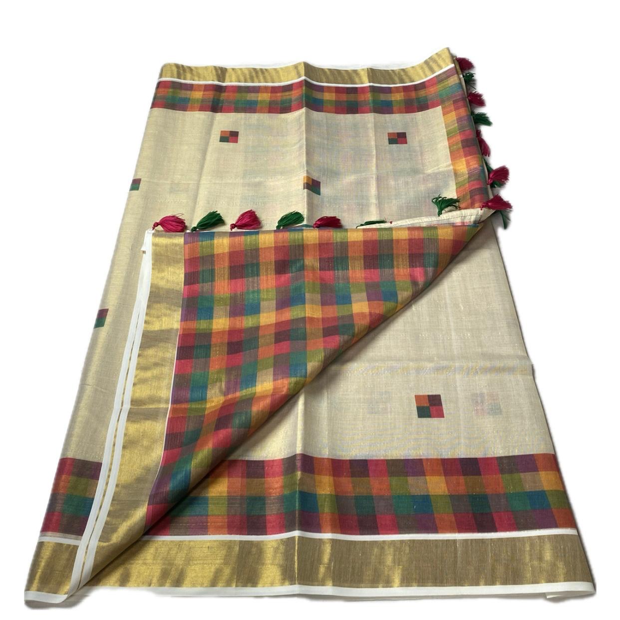 🤍Madras Checks Tissue Saree with Pink / Green Tassels 🌈✨