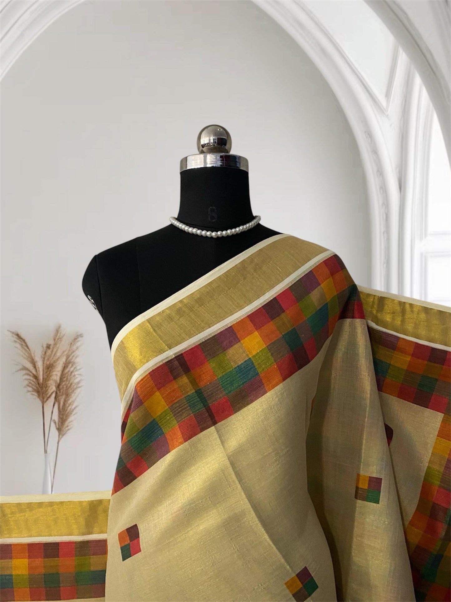 🤍Madras Checks Tissue Saree with Pink / Green Tassels 🌈✨