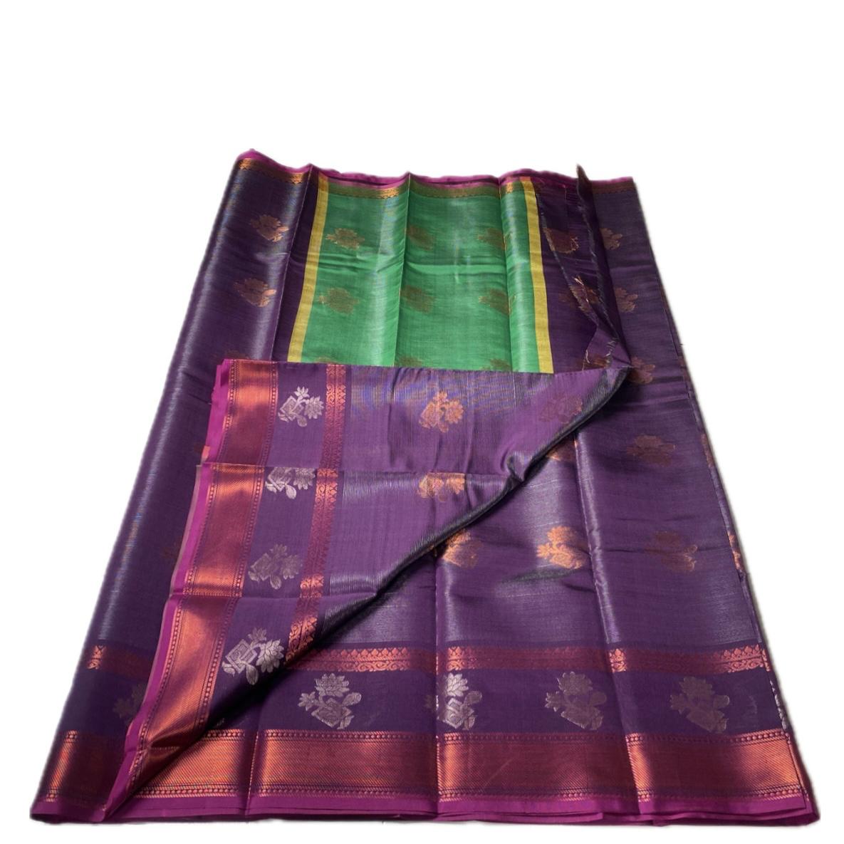 Swetha  Kanjivaram Style Violet Silk Saree with Metallic Contrast Pallu