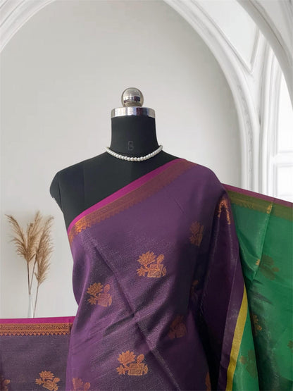 Swetha  Kanjivaram Style Violet Silk Saree with Metallic Contrast Pallu