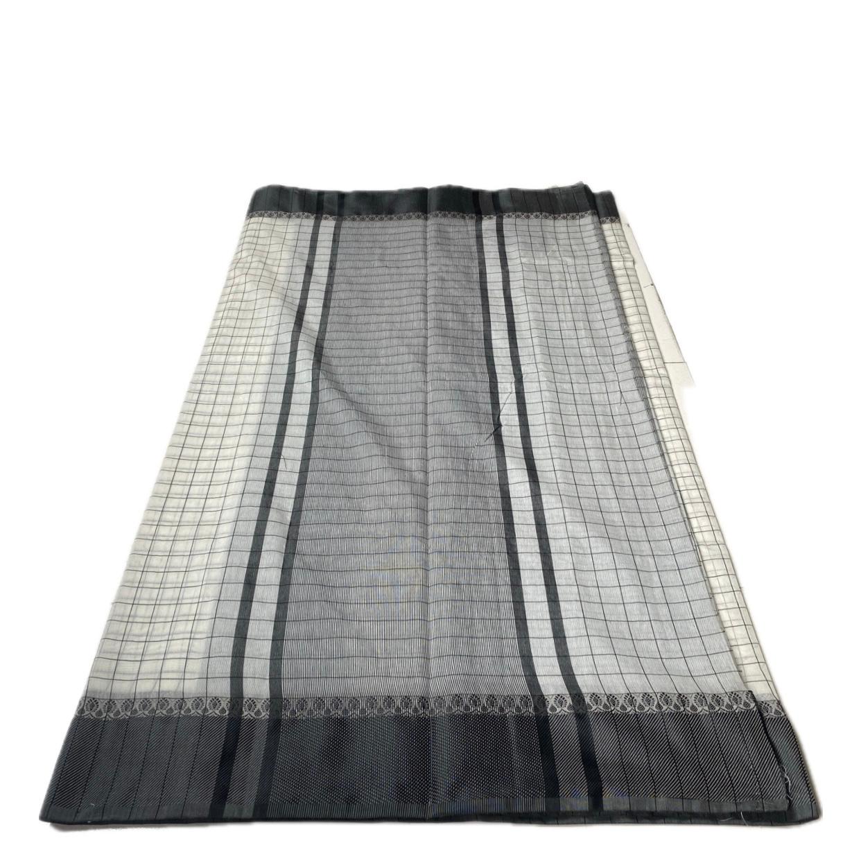 Off-White & Charcoal Grid Chanderi Cotton Saree